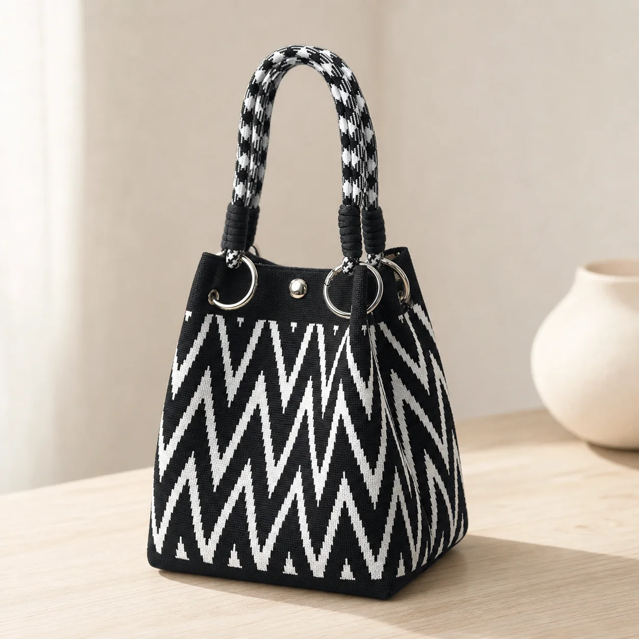 Geometric Mini Tote Bag Women Black Ivory Graphic Handbag Ring Handle Compact Daily Purse for Korean Style Outfits