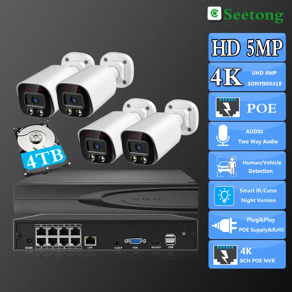 So-ny415 4K 8MP Security Surveillance IP Camera PoE 5MP Kit Two Way Audio IR&Color Night Vision 4K 8CH POE NVR Kit Plug And Play