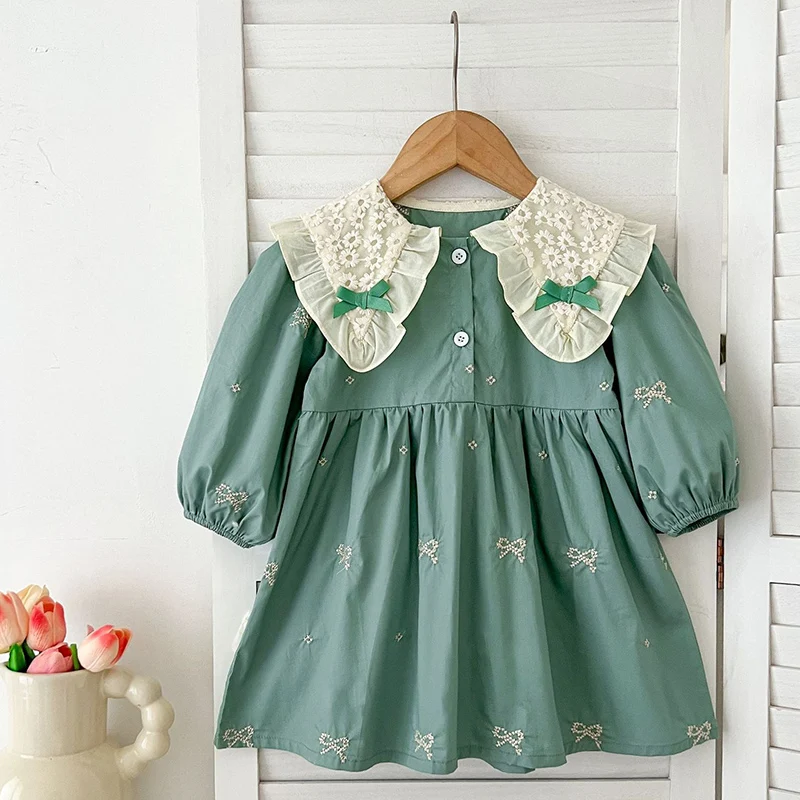 2024 Family Sister Matching Dress Outfit Baby Girls Clothes Embroidered Bow Large Lapel Girl Dress Baby Romper Princess Dresses - view 5
