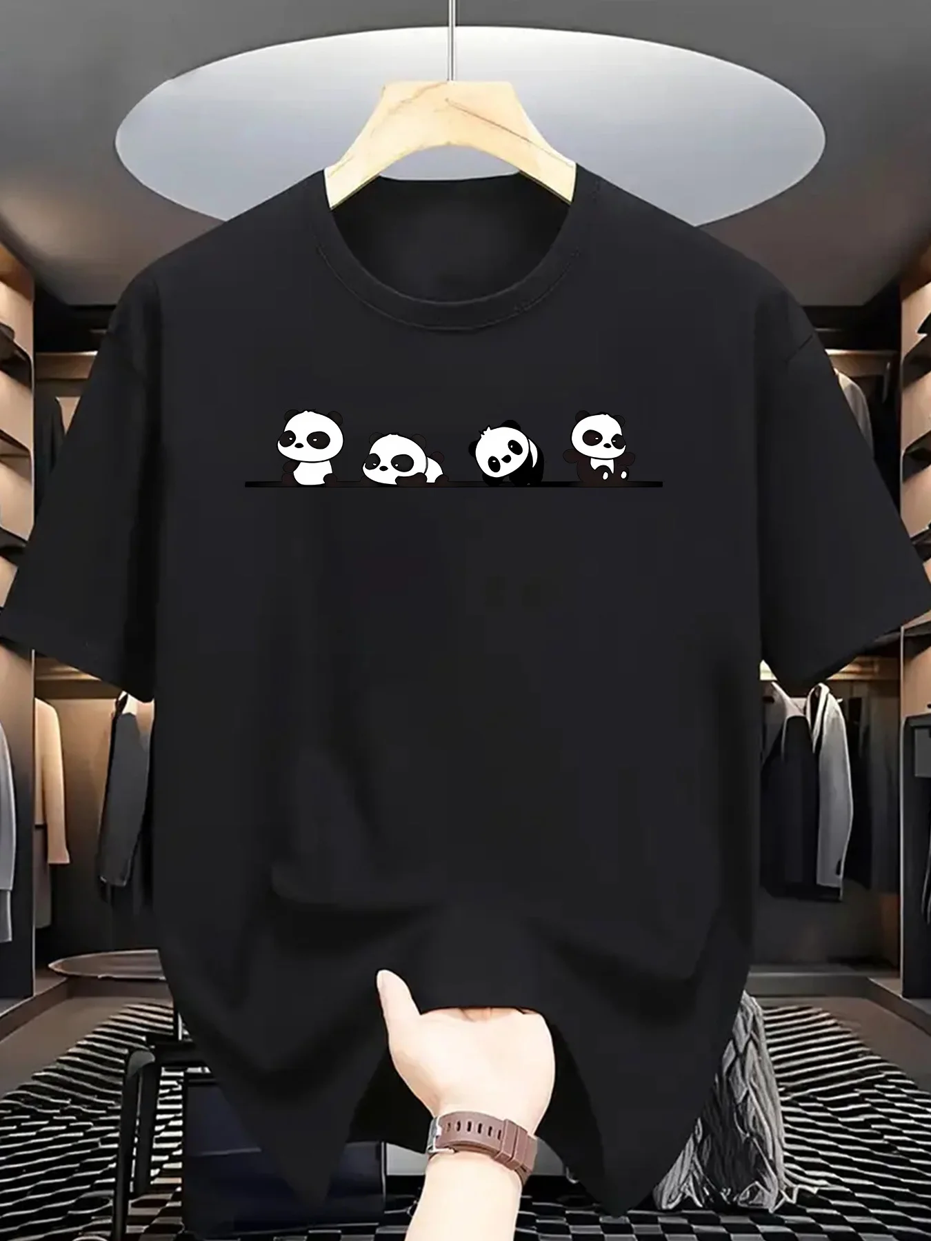 Cartoon Panda Print Men Short Sleeve Tshirt Four Lovely Baby Pandas Row O Neck Tee Cute Animal Male Street Fashion Tops