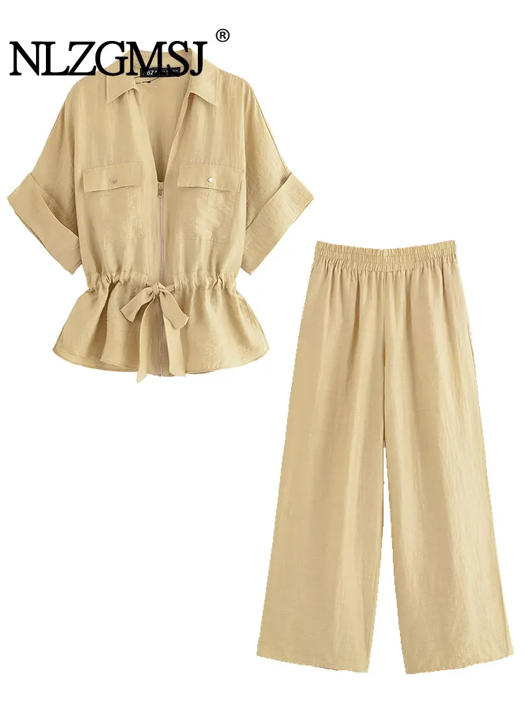 

2025 Summer Elasticity Casual Women Suit Zipper Blouse Straight Pants Fashion Holiday Two Piece Sets