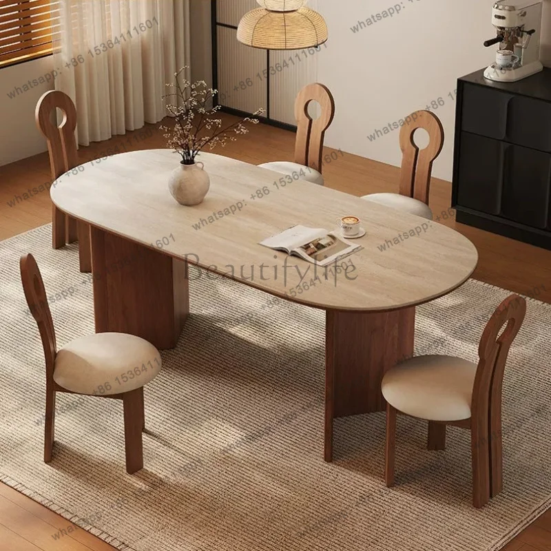 FG Medieval Solid Wood Travertine Rock Slab Dining Table Simple Oval Dining Table And Chairs Light Luxury Rock Slab Dining Table