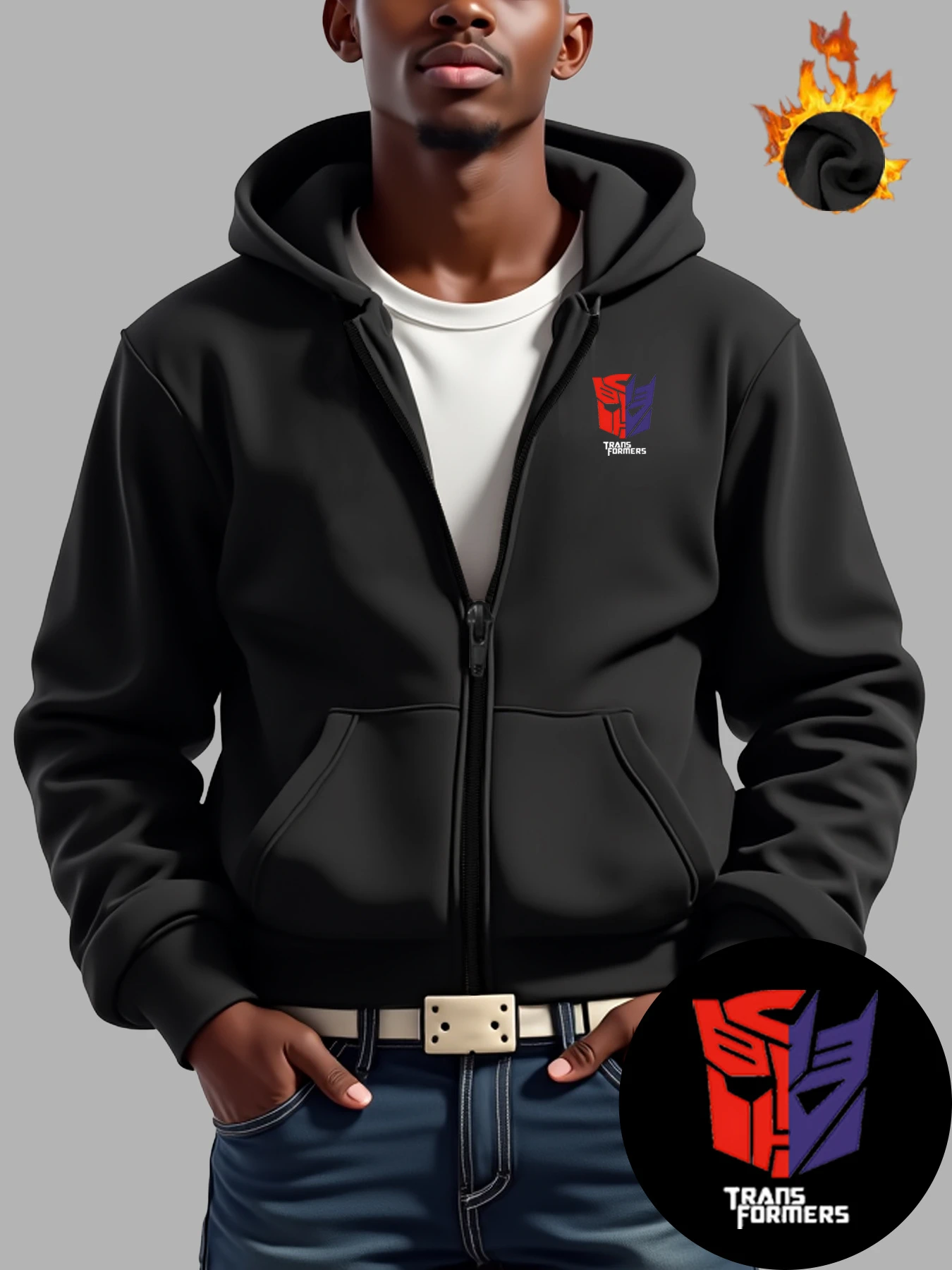 Giacca in pile da uomo |   TRANSFORMERS Cappotto con cappuccio doppio logo rosso e blu con calore e stampa vintage |   Chiusura con cerniera, regolare