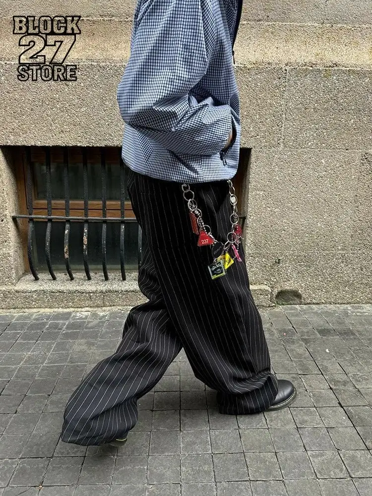 Mens Trousers Harajuku American Vintage Streetwear Striped Pleated Wide Leg Pants Loose Fit Old Money Style Casual Draped Trend