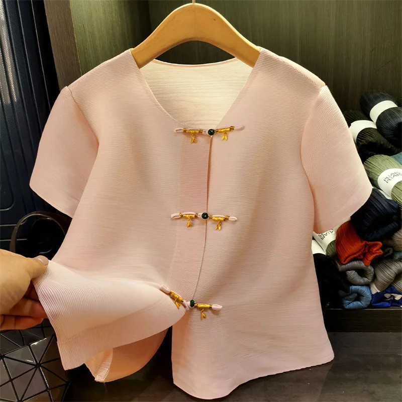 

Summer Clothes Shirts & Blouses High-end new Buckle Pleated Blouse Casual Joker Solid Color Short-sleeved Shirt Female Summer