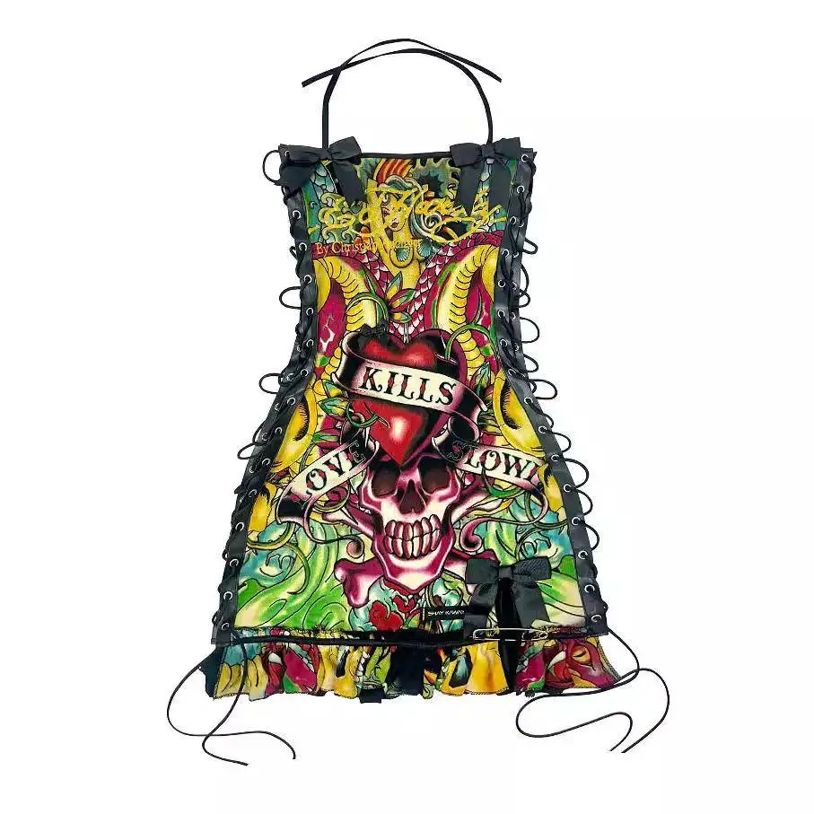 Retro Halloween Skeleton Print Oil Painting Off-Shoulder Drawstring Strapless Dress Dark Style 3D Element Women's Vest Dress