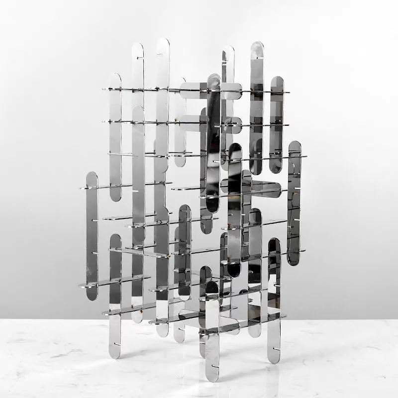 Creative home decor shelf ornaments for the living room—modern, minimalist art featuring abstract geometric stainless-steel