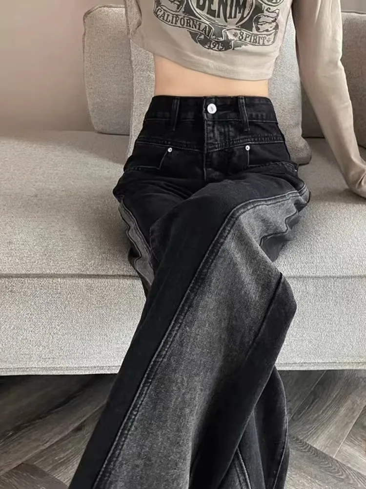 Y2k 2025 Black Grey Gradient Edge Denim Bell Bottoms Women's Autumn 2024 New Plus Size Slimming Straight Leg Long Pants