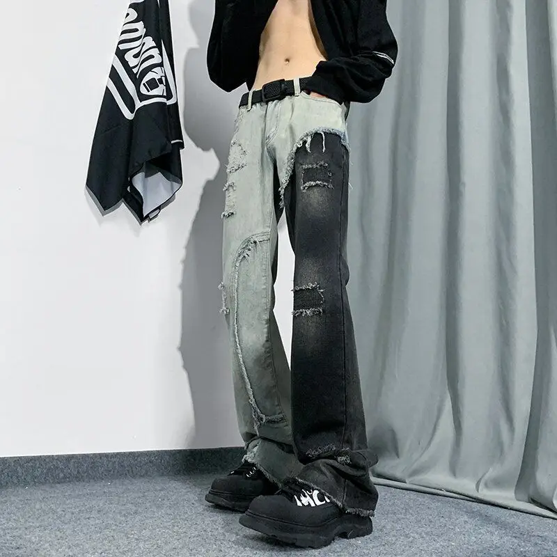 

American Vibe Bristled Pants High Street Ripped Splicing Micro-flare Jeans Men's Slim Straight Mandarin Duck Pants