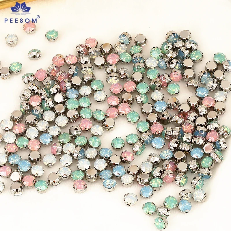 PEESOM 100 sztuk okrągły opalowy kryształ górski z ustawieniami pazurów 3D przyszyć kamień Flatback żywica Rhinestone do szycia akcesoria odzieżowe