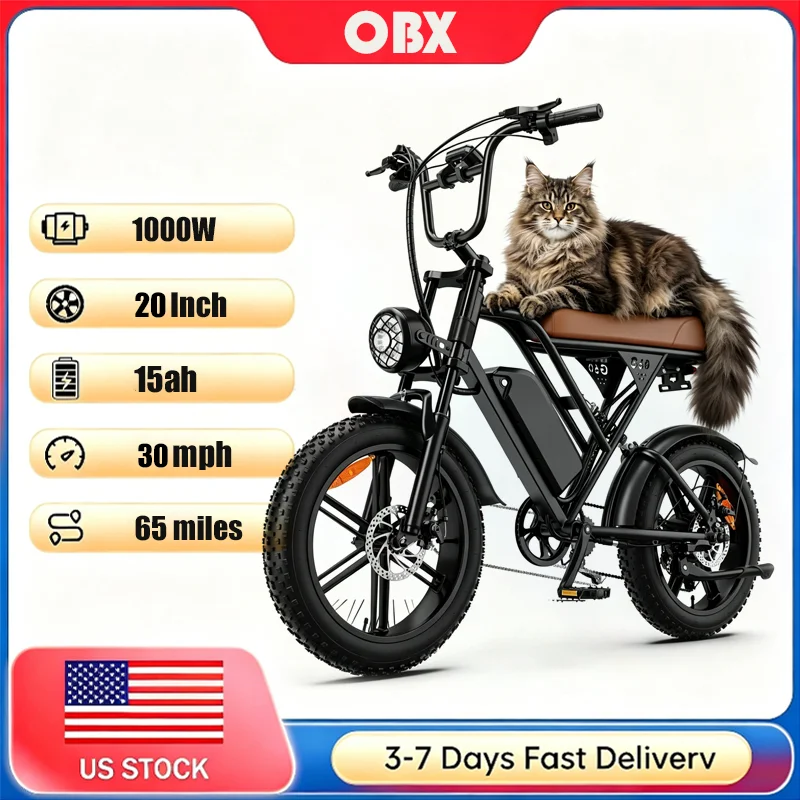 OBX Adult Fat Tire Electric Bike 1500W Peak 20'' All Terrain Off-Road Mountain E-Bike 48V 15Ah Removable Battery Max 30+ MPH Fast Speed for Brushless Motor