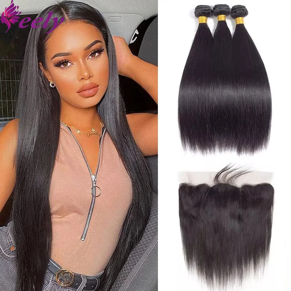 

Human Hair Bundles Straight Brazilian 100% Real Human Hair Bundles With Closure 13x4 Transparent Lace Frontal Extensions 30 Inch