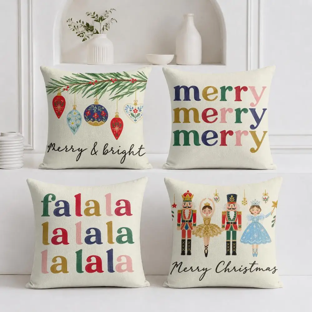 4PC Nutcracker Letter Christmas Cushion Cover Linen Fabric Double-Sided Printing Breathable Pillow Case for Sofa Home Decor Gift