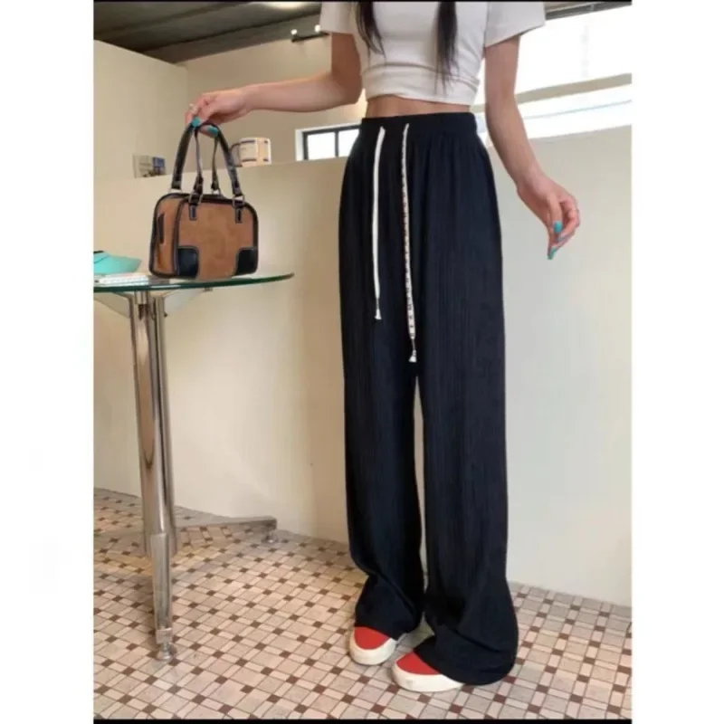 Autumn and Winter Women\'s Solid Color Elastic Lace Up High Waist Loose Long Wide Leg Fashion Casual Elegant Commuter Pants