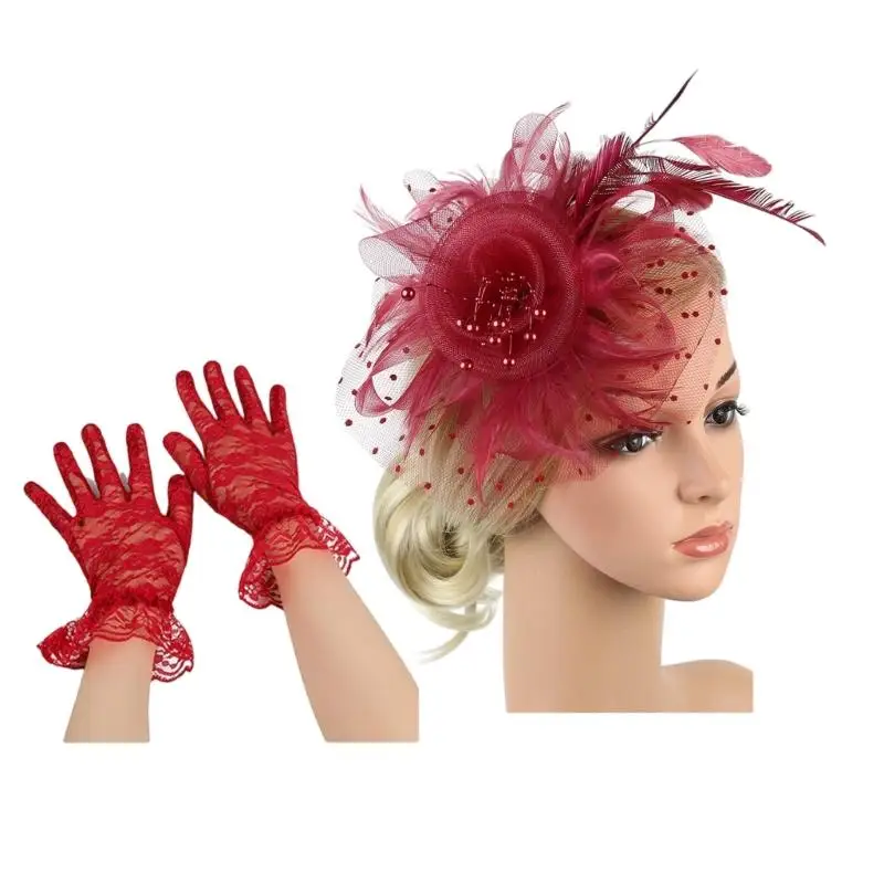 39BD Fascinator Embellished Pillbox Derby Hat and Wrist Lace Gloves Set