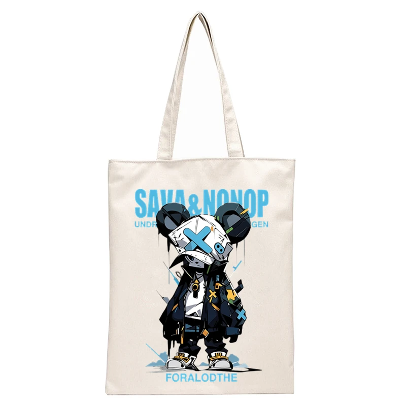 Panda Character Floral Pattern Canvas Tote Bag, Casual Style for Daily Shopping