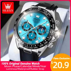 OLEVS Watches for Men Chronograph Analog Quartz Watch Moon Phase Silicone Diamond Waterproof Luminous Quartz Wrist Watches