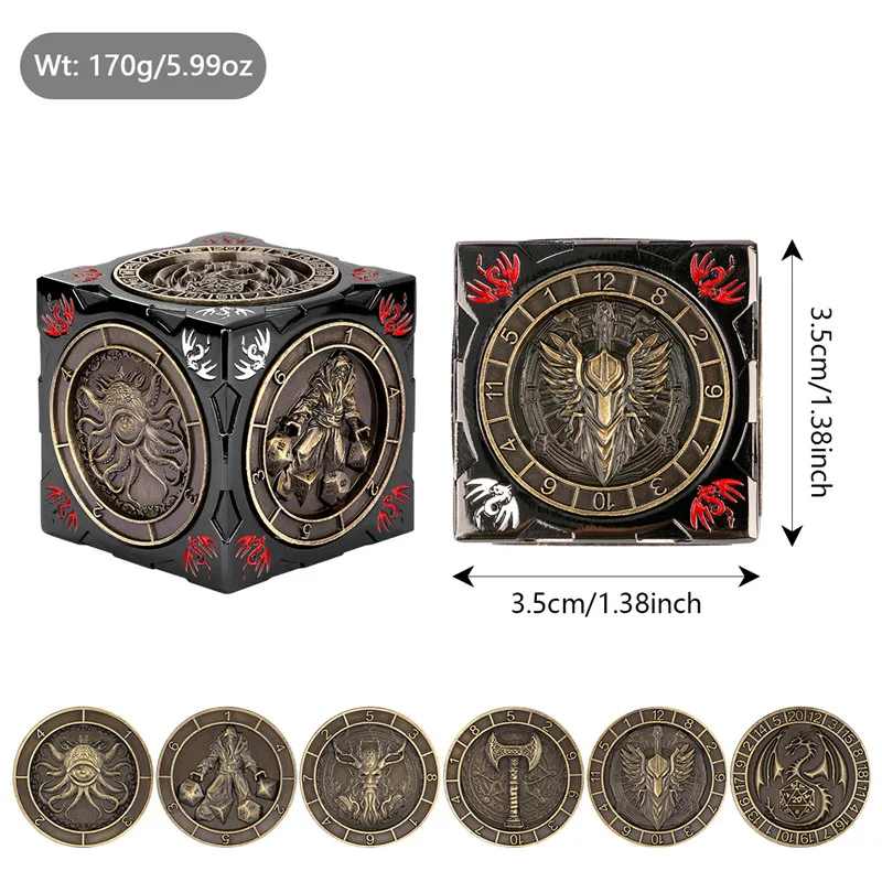 نرد ريترو قابل للدوران مع ستة أنماط D4/d6D/d8/d10/d12/d20 نردات معدنية متعددة السطوح 7 في 1 لمجموعة ألعاب لعب الأدوار آر بي جي