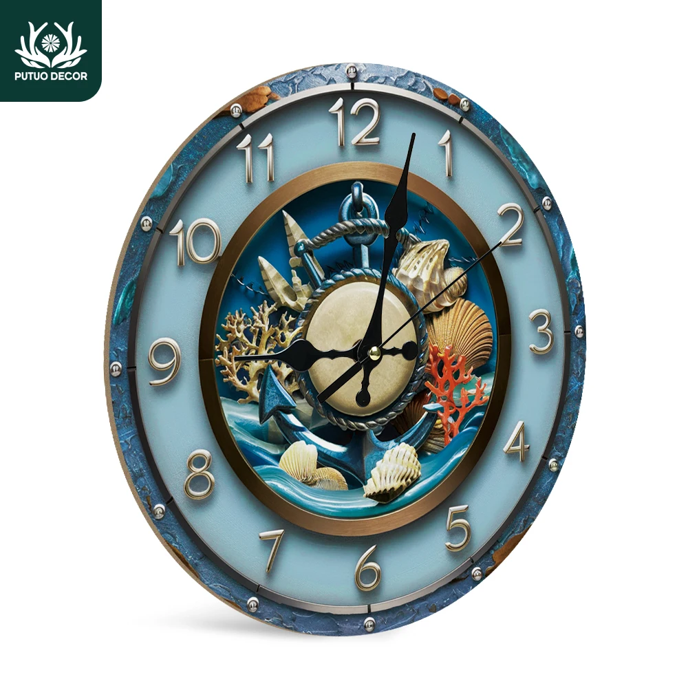 Putuo Decor 1pc Art Round Wall Clock Wooden Hanging Decoration, Wall Decor for Home Office Studio Cafe Bar, Beach Ocean Elem