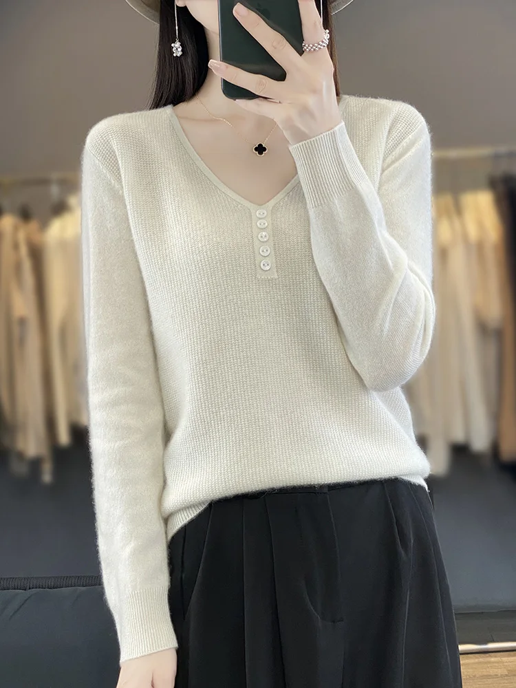 Women's Sweater V-Neck Pullovers Merino Wool Jumper New In Knitwears Lady Clothes New Arrivals Outerwear Knit Top Fashion Trends