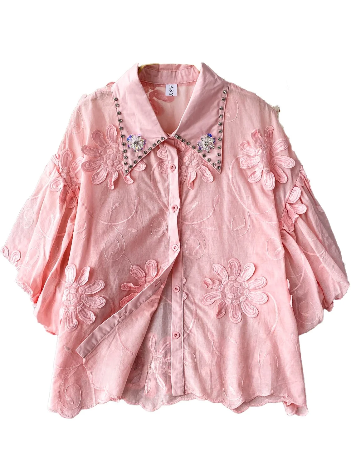 قميص أنيق مرصع بالألماس ثلاثي الأبعاد على شكل زهرة وأكمام واسعة للنساء ملابس صيفية فضفاضة للتخسيس ملابس خارجية على الطراز الكوري