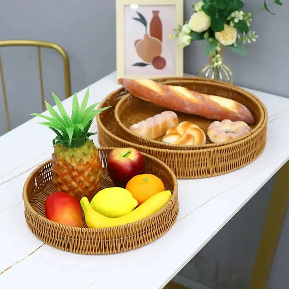1Pcs Breakfast Bread Food Handwoven Rattan Basket Round Rectangular Shape Imitation Wicker Rattan Storage Tray Food Plate