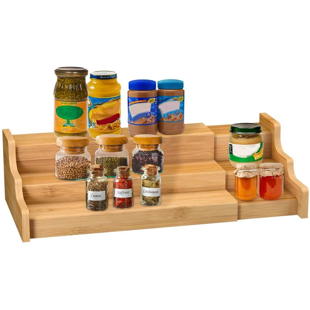 Spice Rack Kitchen Cabinet Organizer- 3 Tier Bamboo Expandable Display Shelf, Bamboo 3-Layer Adjustable Spice Rack