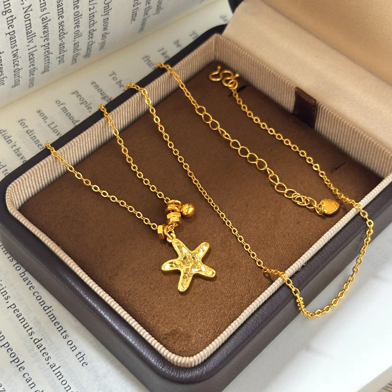 Luxury 100% Real 24K Gold Small Starfish Pendant Necklace, Light Luxury Niche Delicate Versatile Collarbone Choker