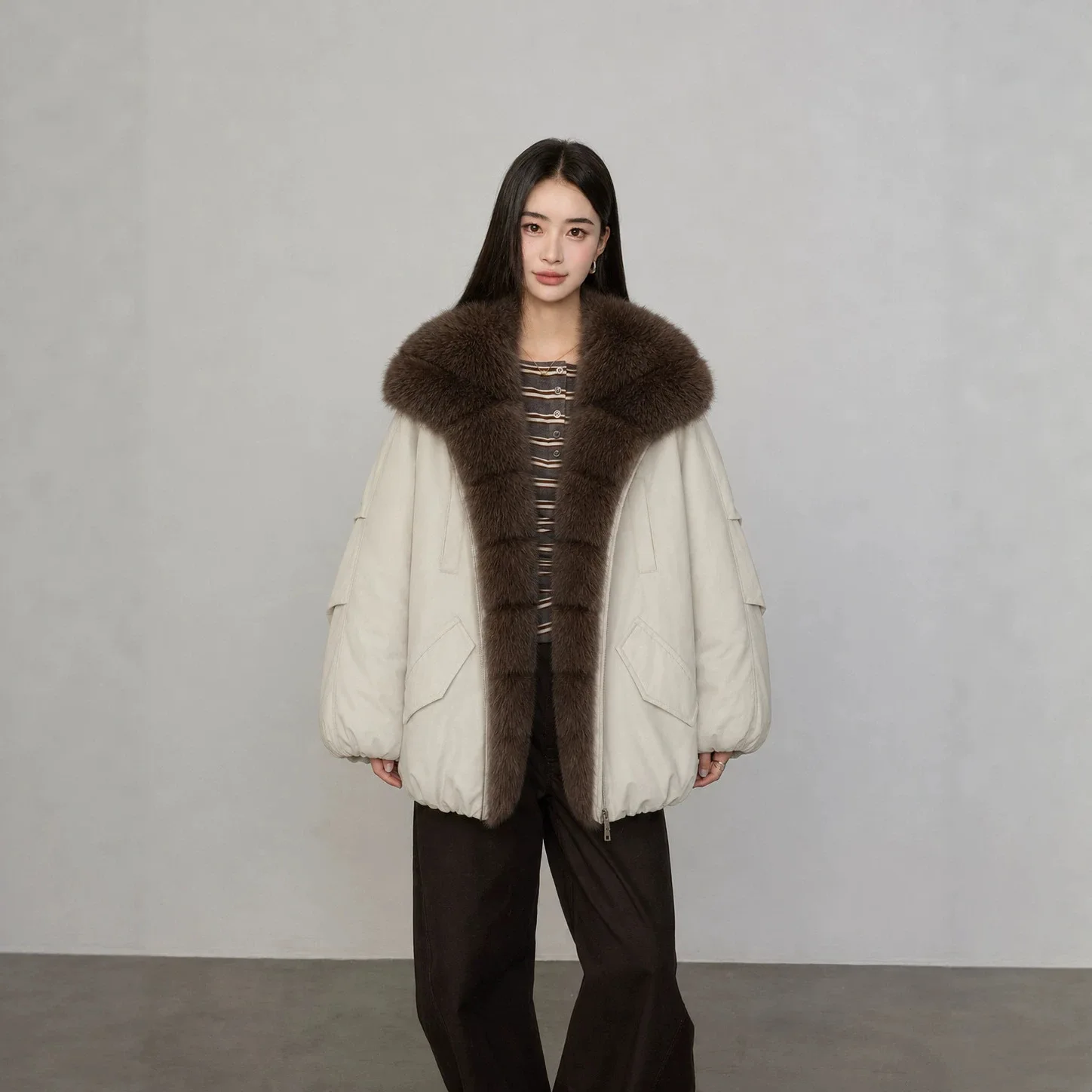 Autumn Winter New Pie Overcome Women Down Cotton Clothes Short Imitation Fox Hair Large Sweater Cotton-padded Jacket Outerwear