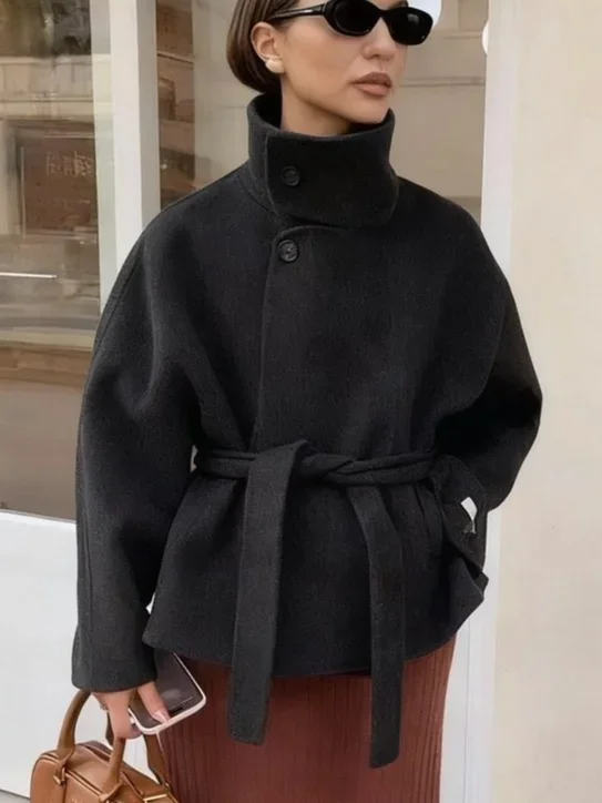 Street Woolen Women's Belt Coat Autumn Stand Collar Single Breasted Full Sleeve Jacket 2026 Autumn Winter Lady Commute Outwear