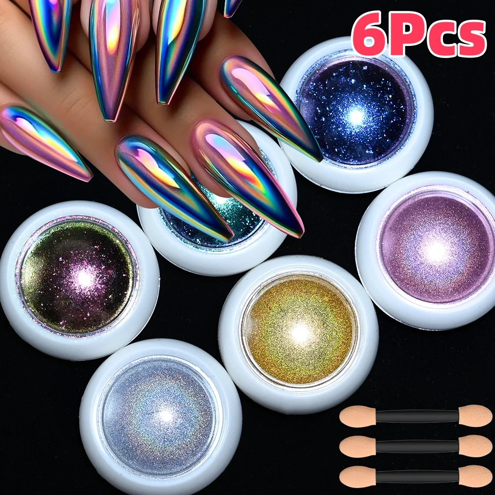 6Jars Chameleon Magic Mirror Nail Art Powder+Glitter Sequins Holographic Chrome Pigment Dust UV Gel Polish Manicure Decorations