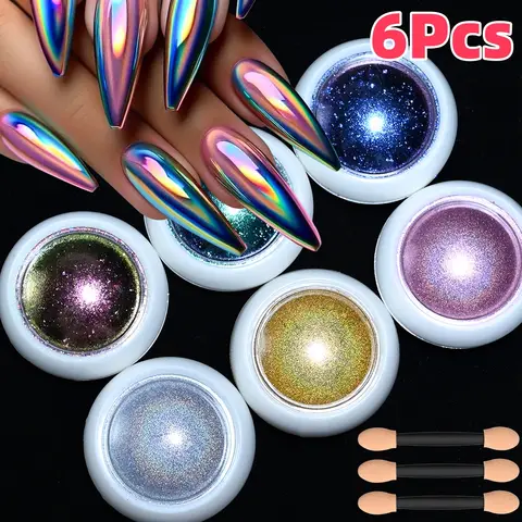 6Jars Chameleon Magic Mirror Nail Art Powder+Glitter Sequins Holographic Chrome Pigment Dust UV Gel Polish Manicure Decorations