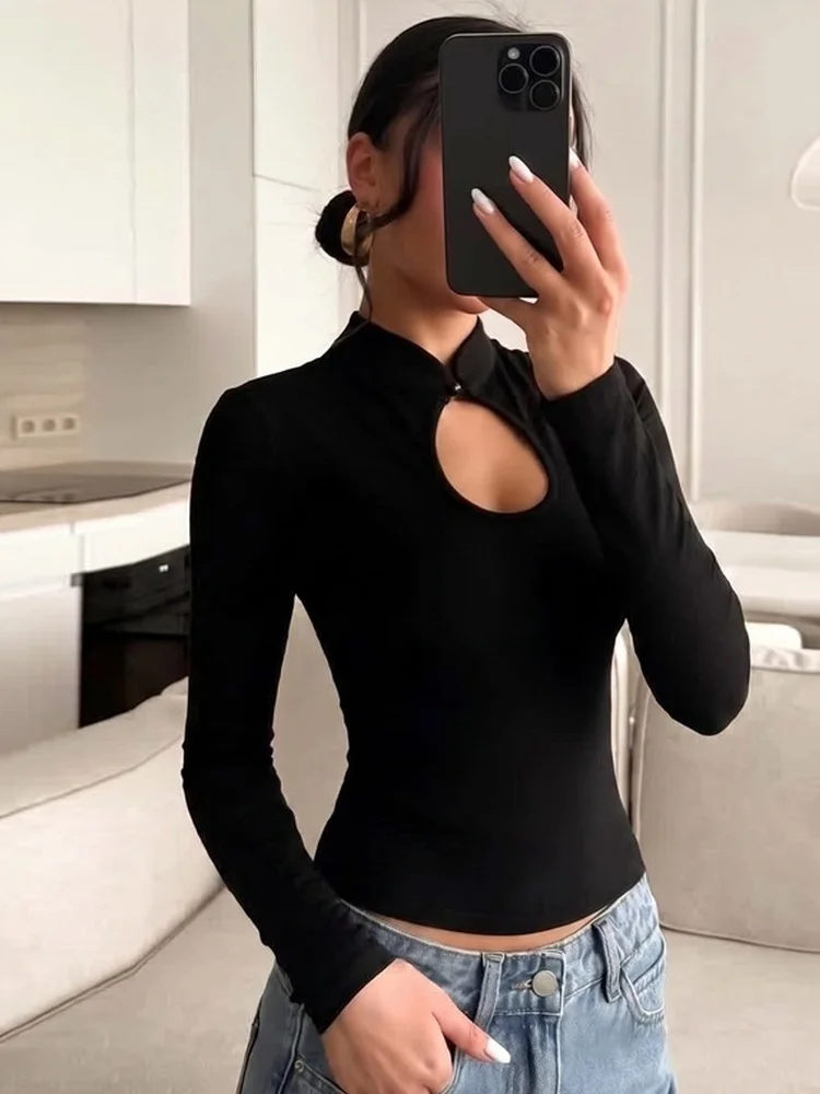 Tossy Cutout Top Women Blouse Mandarin Collar Long Sleeve High Neck Party Casual Slim Fit Keyhole Ring Button Spring Autumn Y2K