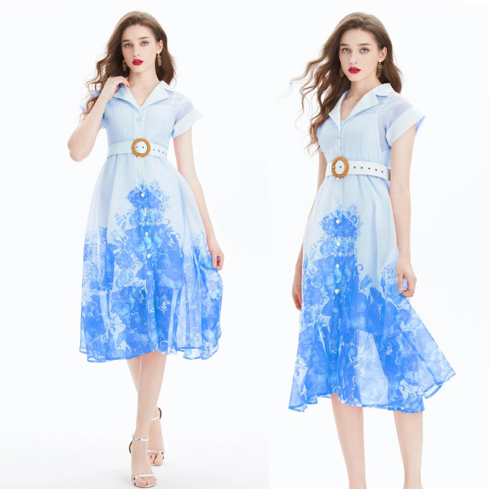 감성적인 실크 기질 작업복, 프린트 허리띠 원피스 롱 스커트