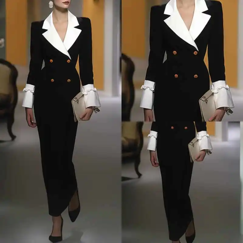 Customized Smart Women Double Breasted Long Coat Fashion Jacket Lady Prom Birthday Party Evening Formal Wear Outfits One Piece