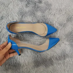 Women Jazz Dance Pumps Sandals Sexy PVC Transparent 5cm Low High Heels Patent Leather Pointed Toe Slip on Party Wedding Shoes