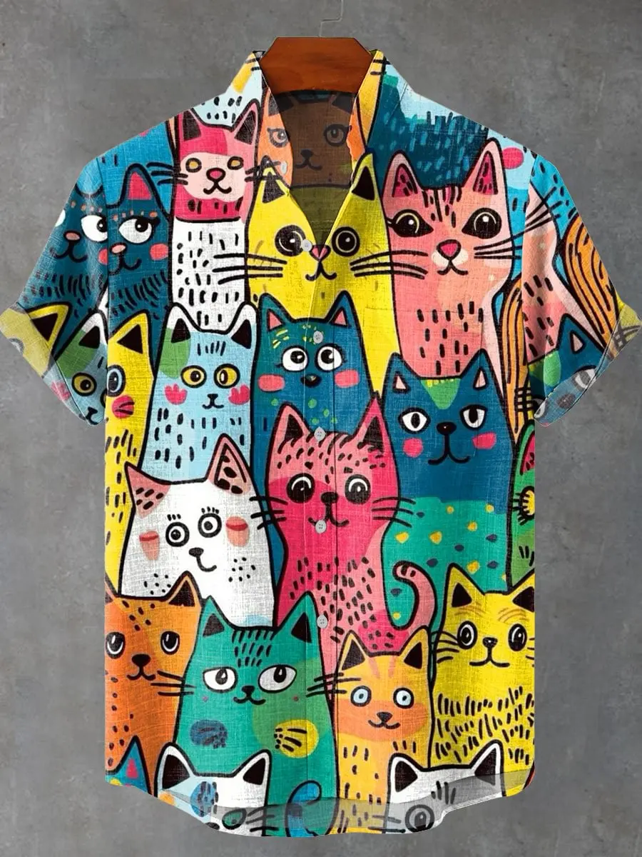 

2025 European and American new product shirt 3D cartoon dog print stand up collar linen button short sleeved shirt for summer