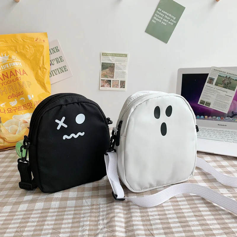 Women Black White Shoulder Bags Funny Cute Ghost Kawaii Women Canvas Bag Cartoon Harajuku Chic Ins Large Capacity Shopper Bag