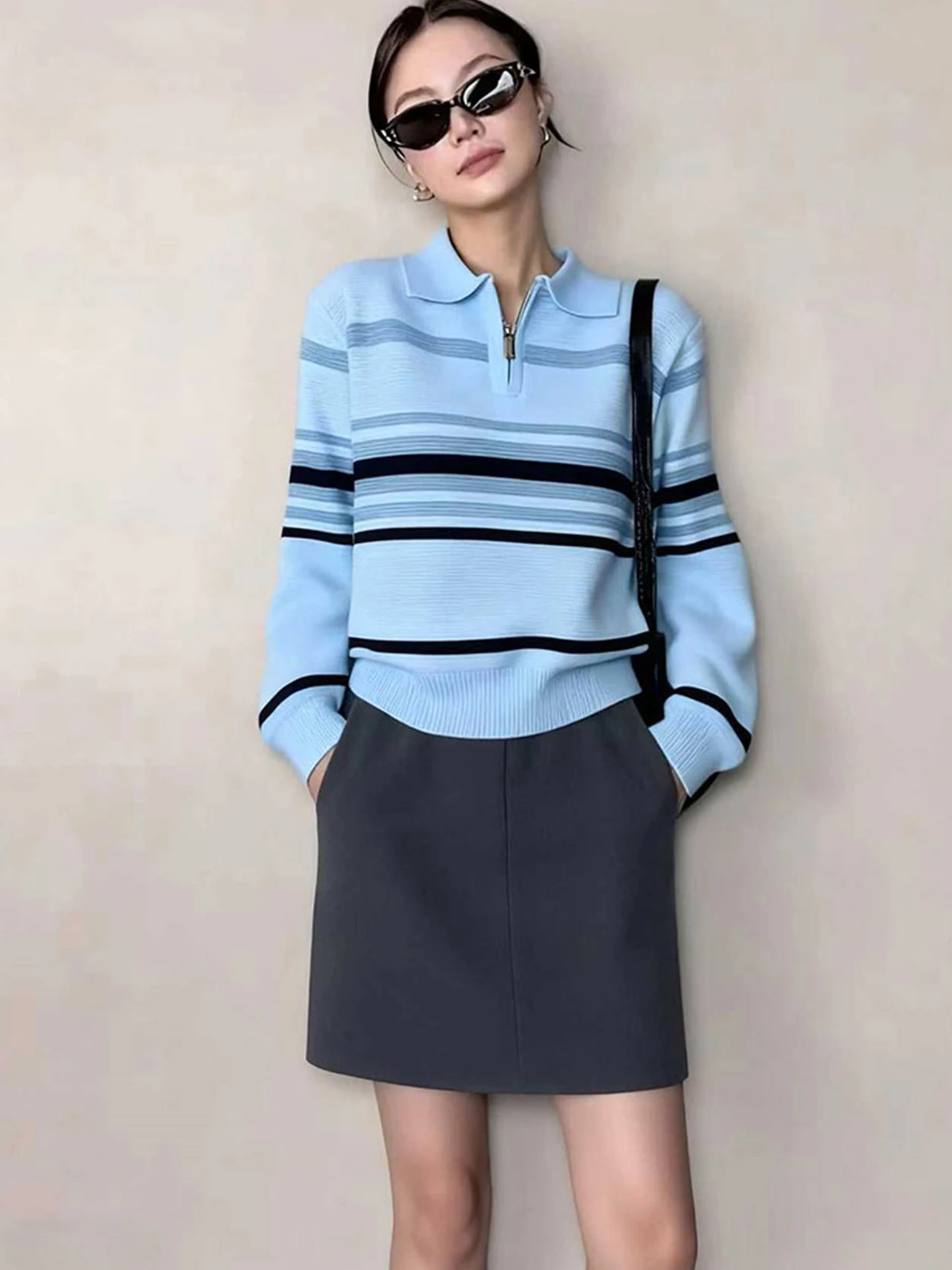 

Faionable Striped Knitwear Simple Design Long Sve Autumn New Sle Women's Camere Sweater Commute Korean Loose Fit