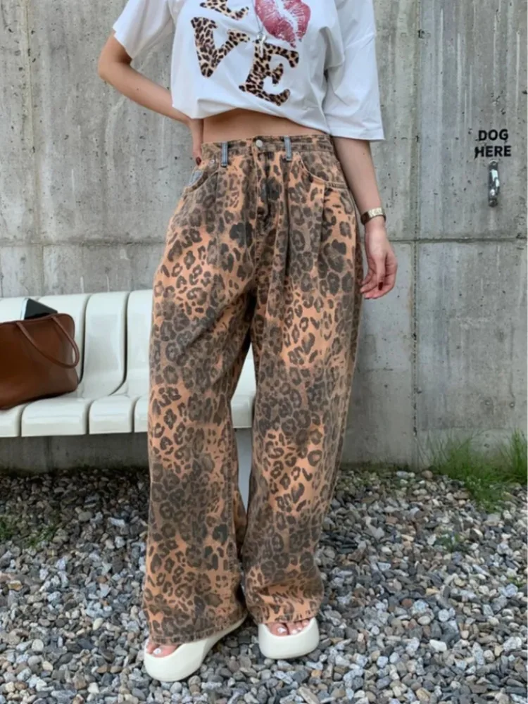 

Шикарные потертые джинсовые брюки с высокой талией, женские длинные брюки с леопардовым принтом, индивидуальный дизайн, осенние новые брюки