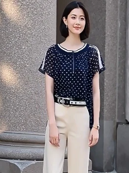 

Ele Polka Dot ort Sve Women's irts round Ne Lace Detailing Chiffon Top Commute Sle Loose Fit Summer Faion