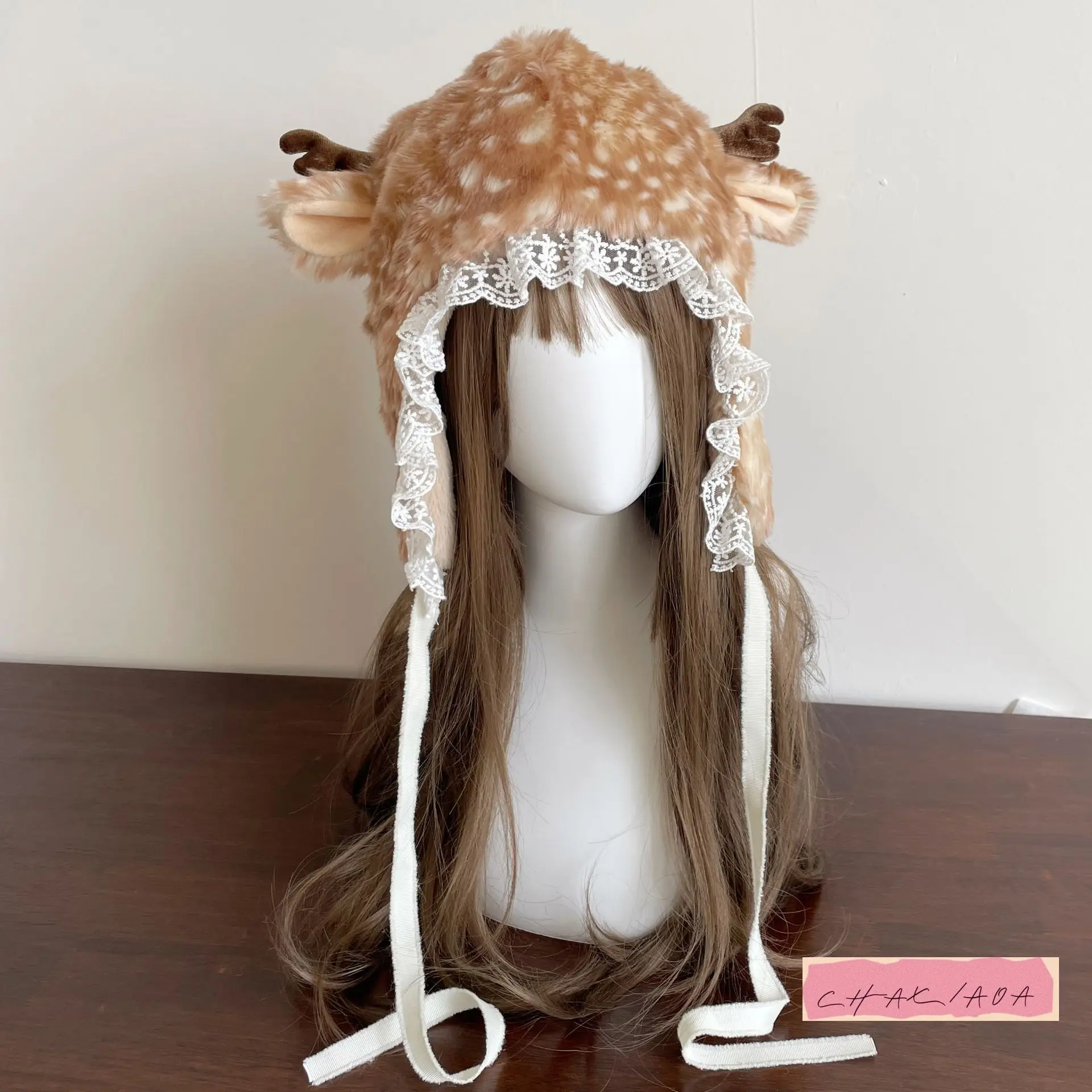 

Christmas Japanese faux fur plush beanie sweet cute antlers winter warm ear protection small face thickened pilot hat unisex