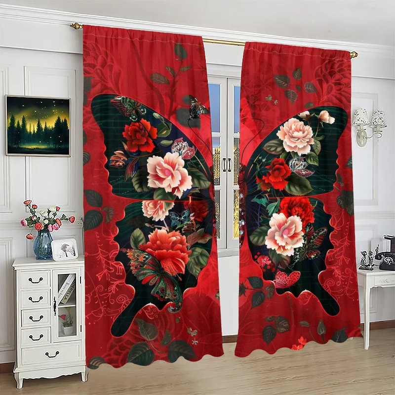 Red butterfly - printed curtain, -100% polyester material, suitable for bedroom curtains and living room decoration.