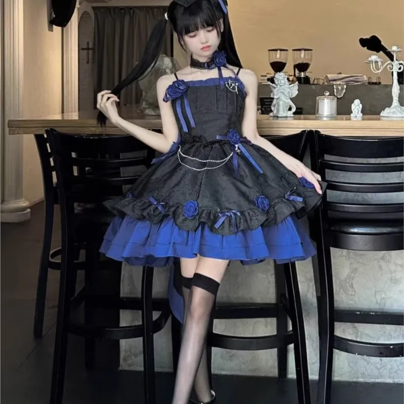 

Black and Blue Gothic Style Romantic Dress Puffy Trailing Heavy Work