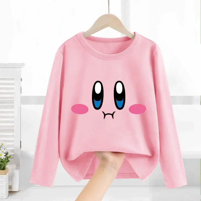 Star Kirby Children's T-shirt Boys Girls Cute Cartoon Character Tee Casual Loose Home Long Sleeved Top Kid Anime Clothing Gifts