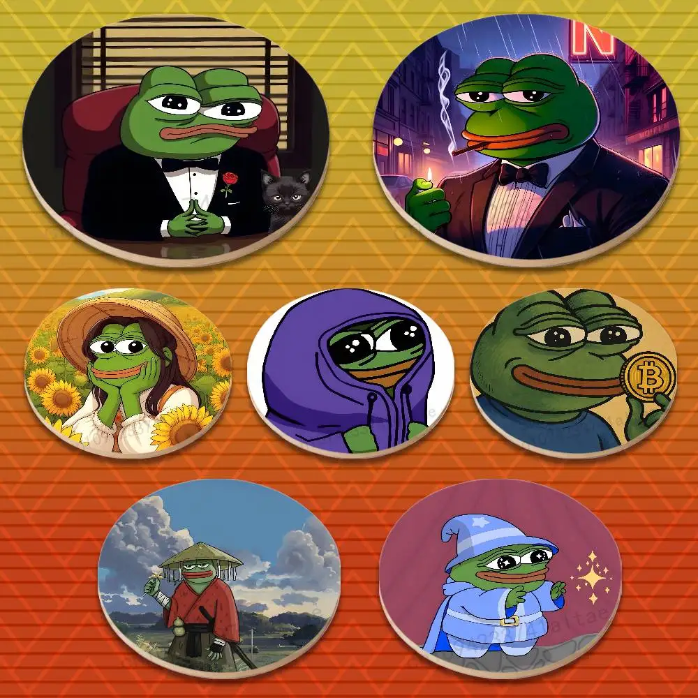 

Frog Art P-Pepe Cartoon Round Wooden Coasters Heat-Resistant Anti-slip for Drinks Tea,Coffee Home Decor Gift