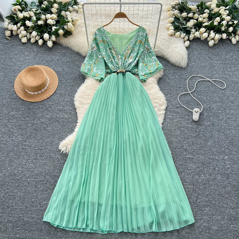 

Long Dress Women Dresses Sequins A Line High Waist Vestidos V Neck Short Sleeve Party Night Elegant Splice Y2k Streetwear 2025