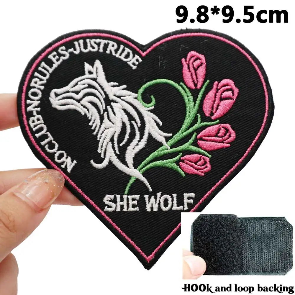 she wolf no club no rules just ride Badge Embroidered Applique Sewing Label punk biker Patches with hook backing