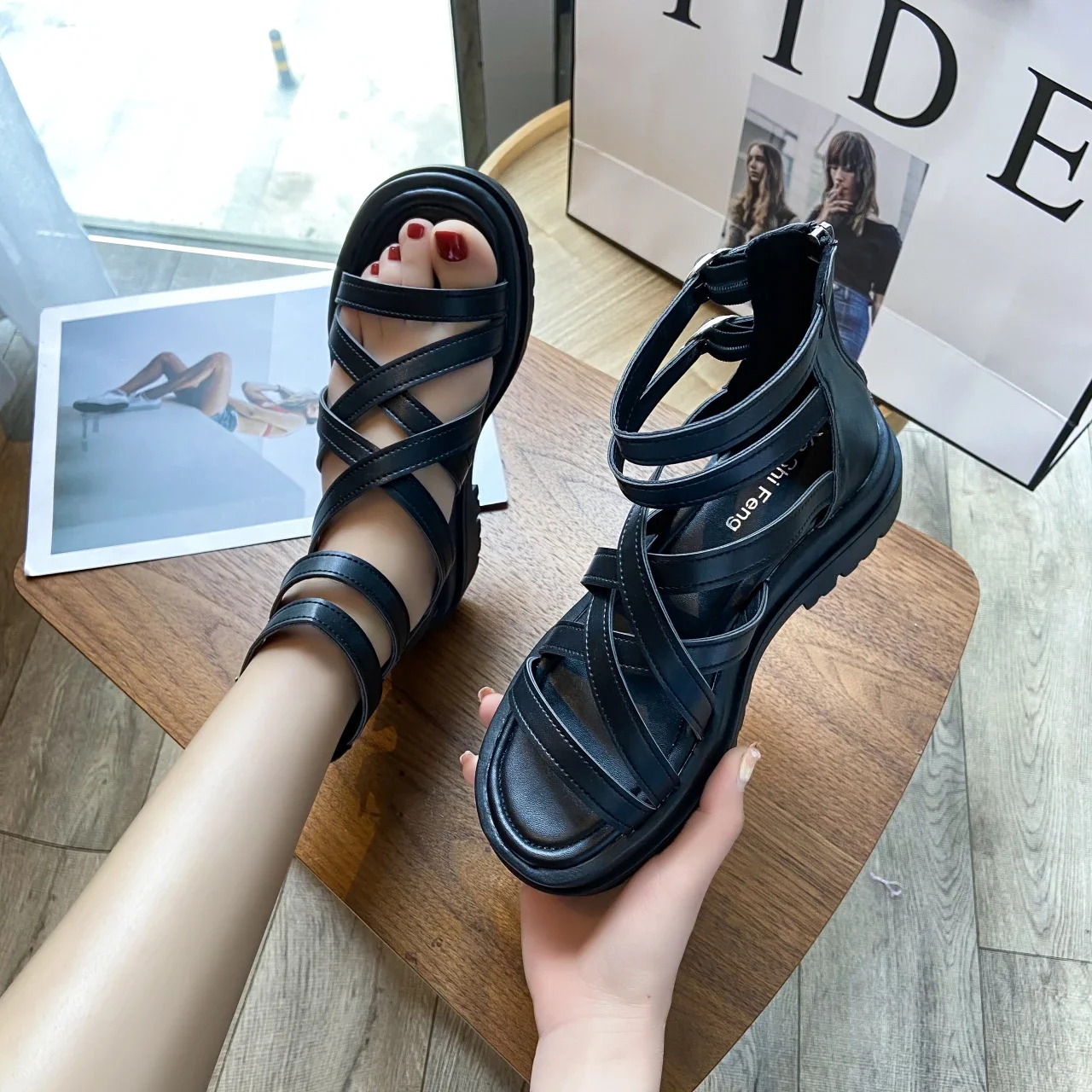 Roman Women Sandals Flat Platform Cross Strappy Wedges Heel Summer Gothic Punk Shoes For Woman Casual Comfy Street Roman Sandals