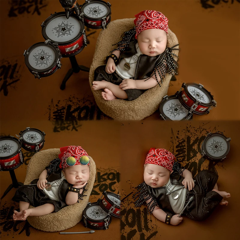 Rock Style Newborn Photography Props Necklace Glasses Beer Bottle Combination Decoration Boys Pose Studio Shooting Accessories